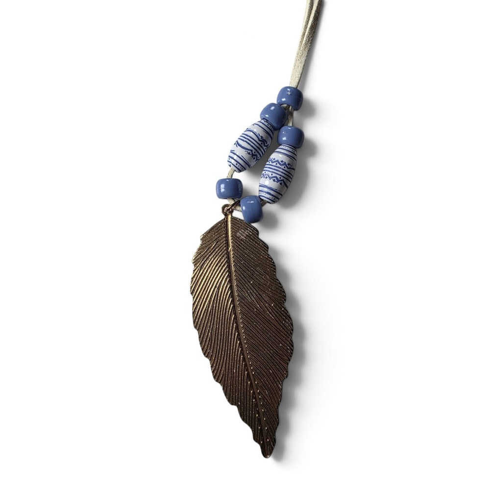 Boho Blue Beaded Feather Pendant Long Cord Necklace white and Gold Tone Tribal - Picture 11 of 11